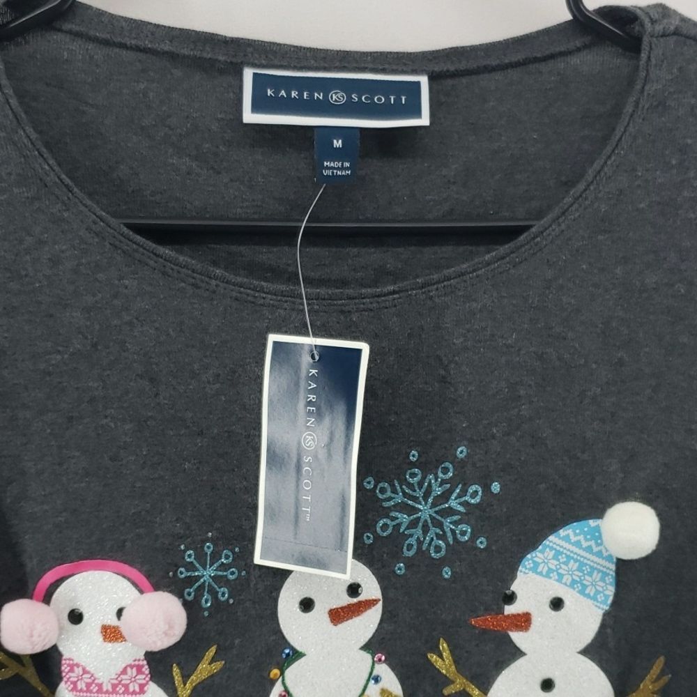 Karen Scott Snowman Trio Long Sleeve Top Charcoal Medium Holiday (AM) - Picture 3 of 7